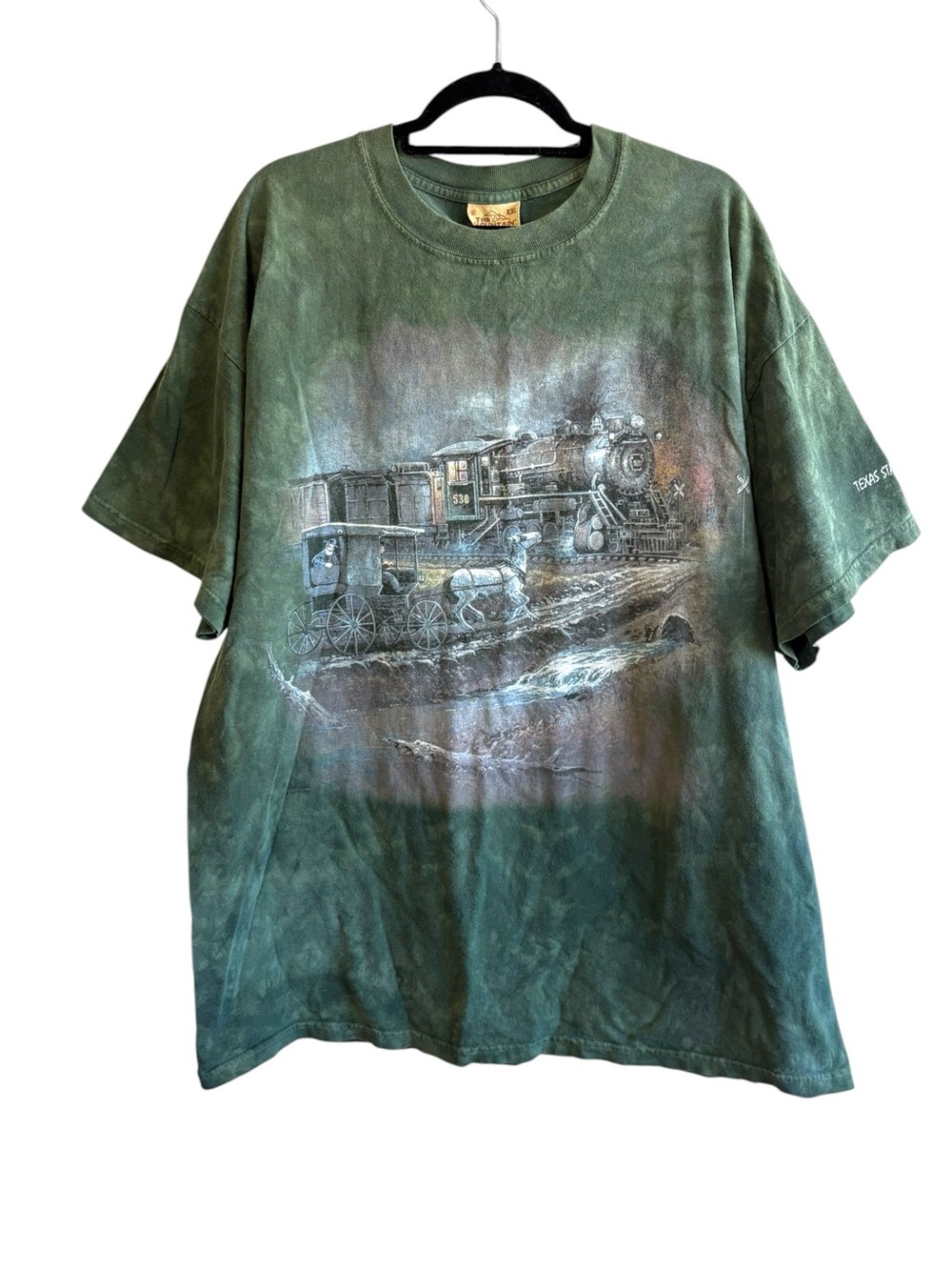 Vintage Y2K The Mountain Size XXL Green Tie Dye Graphic Train Tee Shirt 2004